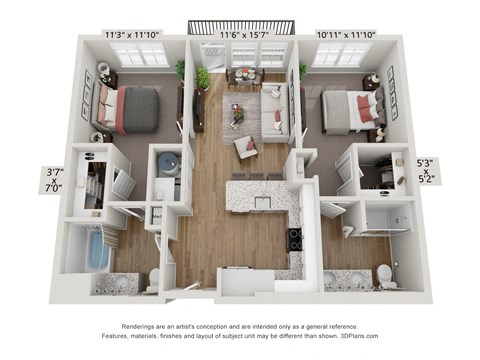 Floor plan for 2 beds, 2 baths, 917 sqft